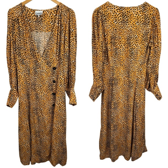 Ganni Wrap-effect Yellow Leopard Print Crepe Buttoned Midi Dress Long Sleeve 42 - Picture 2 of 16